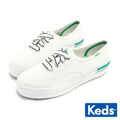 KEDS THE PLATFORM 經典帆布厚底緞帶休閒鞋-白/綠 9231W133499