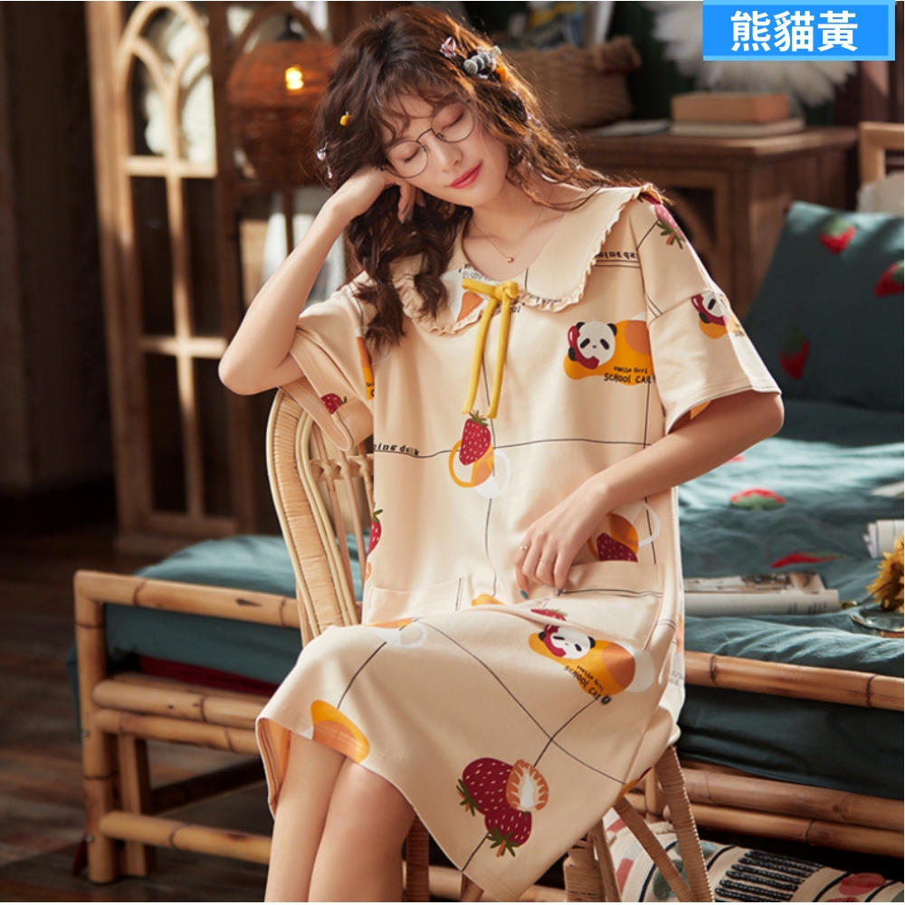 I.Dear-可愛風造型領子寬鬆舒適純棉短袖長版居家服睡衣裙(6色) (NE111熊貓黃)