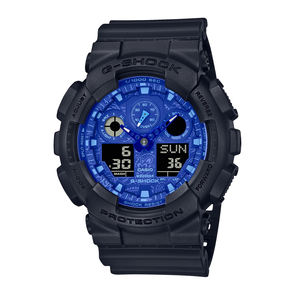 CASIO卡西歐 G-SHOCK 經典潮流 藍白變形蟲 雙顯系列 GA-100BP-1A_51.2mm