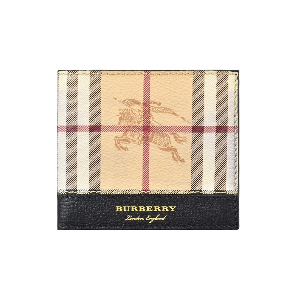 BURBERRY HAYMARKET BILL金字壓印LOGO格紋設計PVC 4卡對摺短夾(展示品/米x黑)