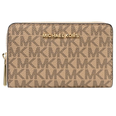 MICHAEL KORS Jet Set 品牌經典MK印花ㄇ字拉鍊卡片零錢包(淺褐)