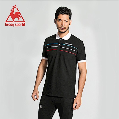 le coq sportif 法國公雞牌三色帶復古短袖POLO衫 男-黑