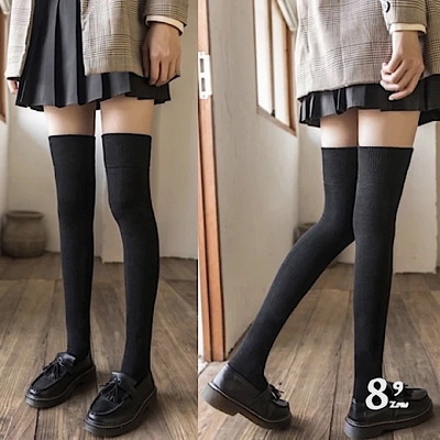 【89 zone】日系全棉加絨加厚過膝保暖中筒/過膝襪(黑)