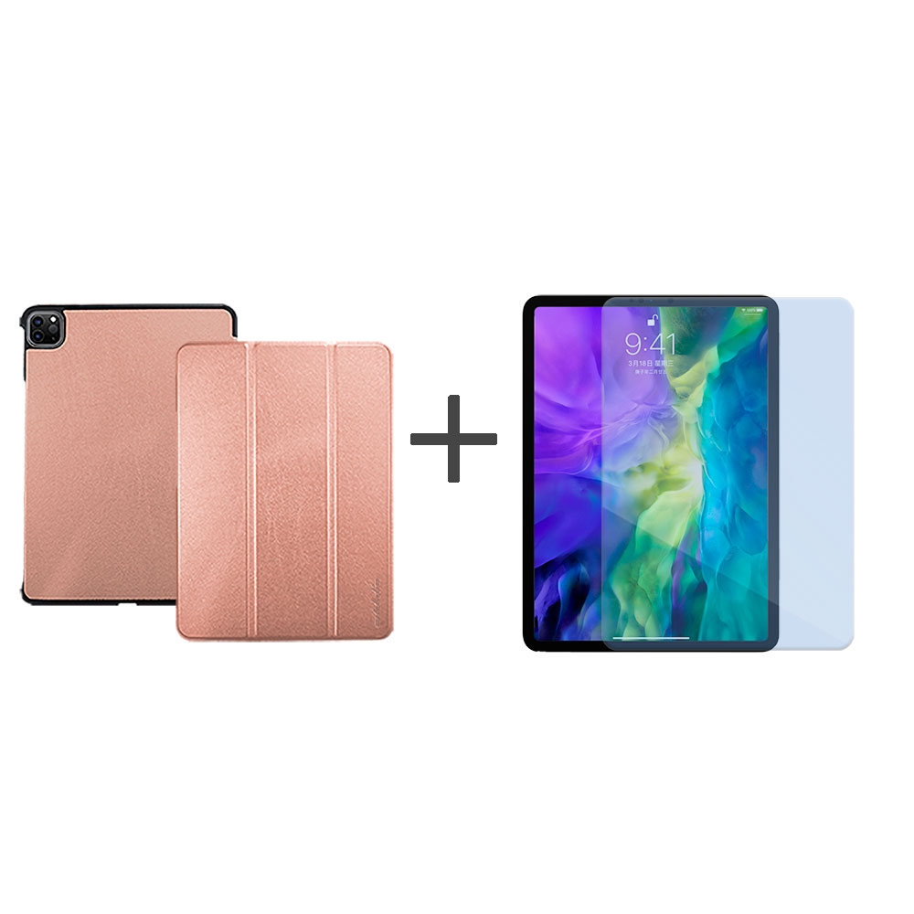Metal-Slim Apple iPad Pro 11吋 (第2代) 2020 高仿小牛皮三折立架式保護皮套+抗藍光玻璃貼-玫瑰金