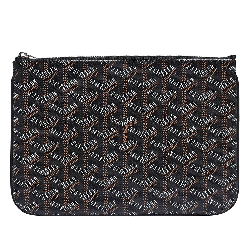 GOYARD 經典Senat Pouch PM系列塗層帆布LOGO牛皮飾邊萬用拉鍊拉鍊手拿包(黑)