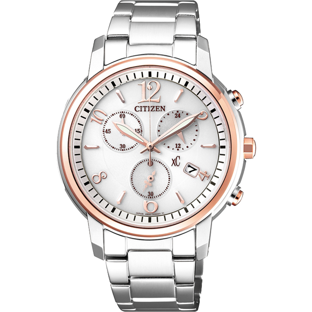 CITIZEN 星辰 XC 亞洲限定版光動能計時女錶-銀x玫瑰金圈/37mm FB1434-50A