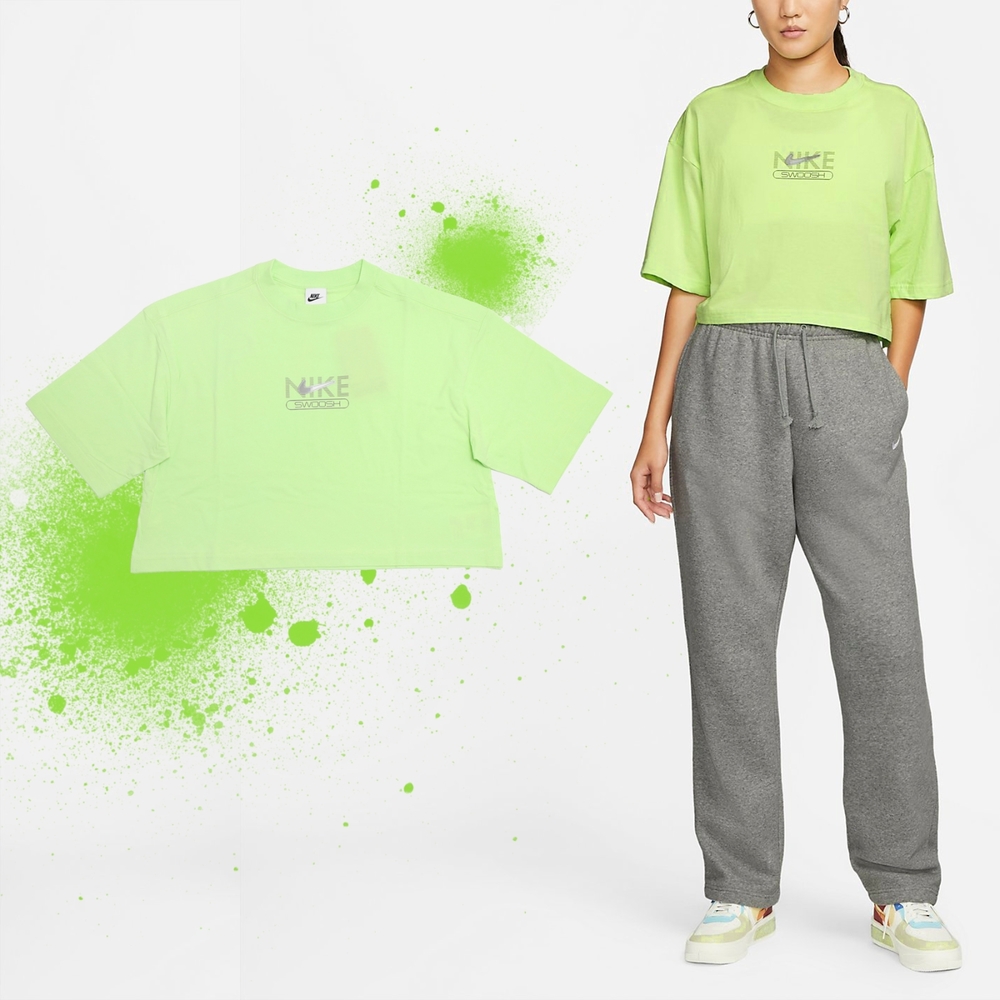 Nike 短袖上衣 NSW Swoosh Tee 女款 螢光綠 休閒 純棉 短版 寬鬆 短T DR5625-360