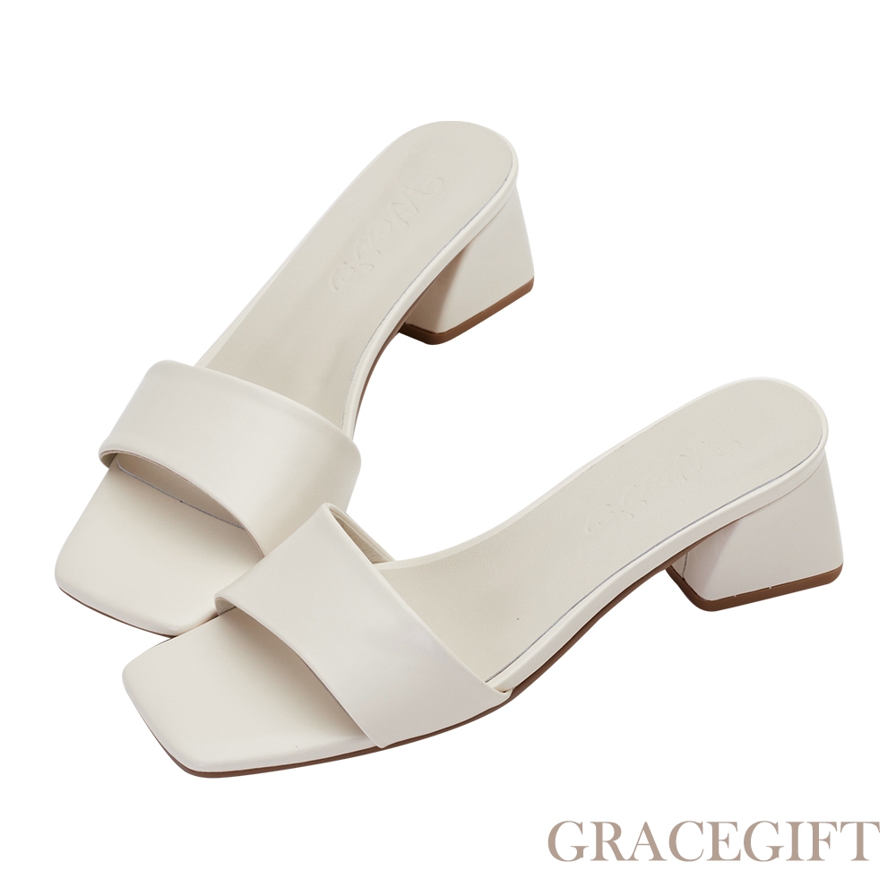 【Grace Gift】唐葳訂製-優雅恬夏斜寬帶拖鞋 米白