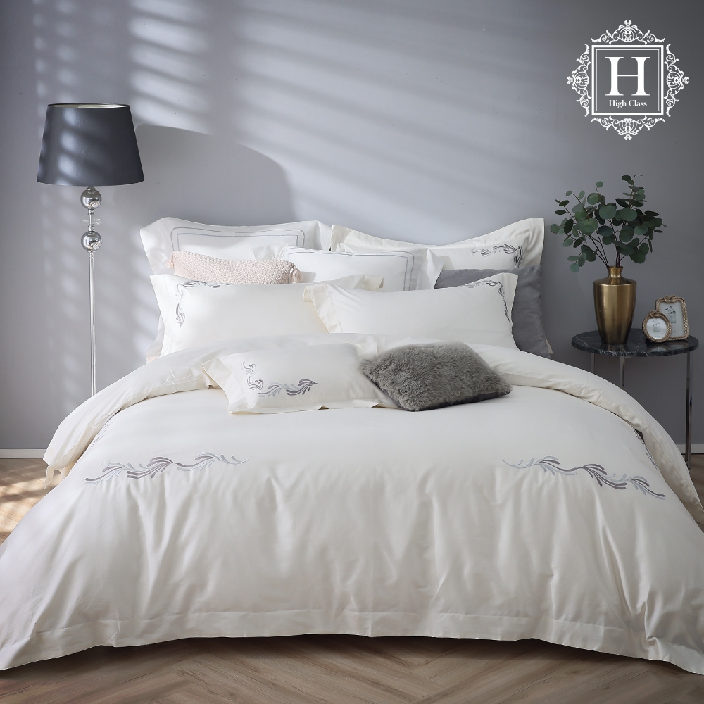 HOYA H Series 雙人頂級500織歐洛克麗刺繡匹馬棉被套床包四件組-白玉
