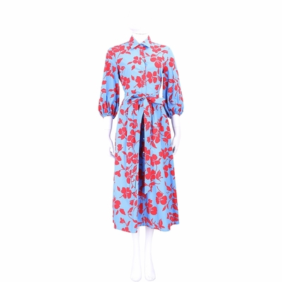 Max Mara-WEEKEND ARLETTE 純棉天藍紅花印打摺襯衫式洋裝(附綁帶)