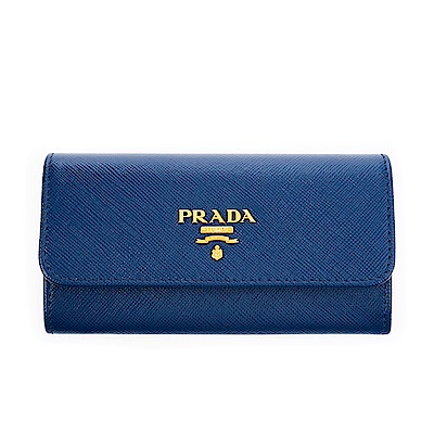 PRADA 經典Saffiano 金字LOGO十字紋牛皮釦式鑰匙包 (藍色)