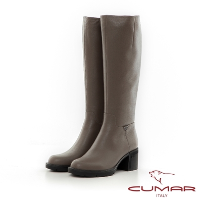 【CUMAR】簡約歐美風尚直筒長靴粗跟-卡其灰