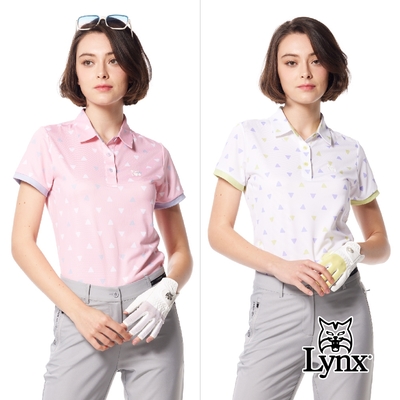 【Lynx Golf】女款吸溼排汗機能水波紋布料滿版印花山貓膠標開杈款短袖POLO衫/高爾夫球衫(二色)