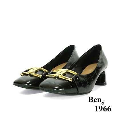 Ben&1966高級頭層壓紋牛皮流行造型中跟鞋-黑(218241)