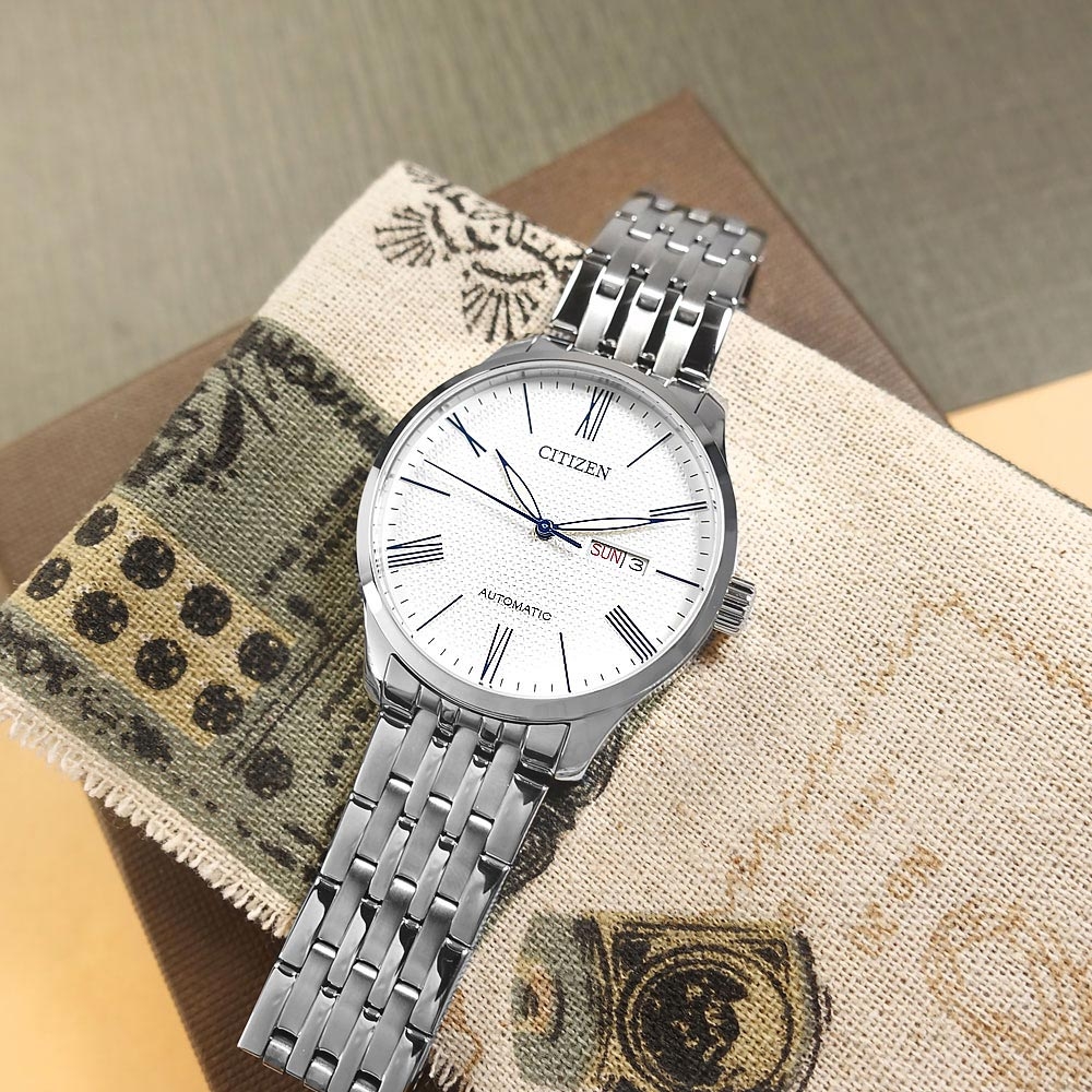 CITIZEN / 簡約紳士 機械錶 自動上鍊 星期日期 不鏽鋼手錶-白色/40mm