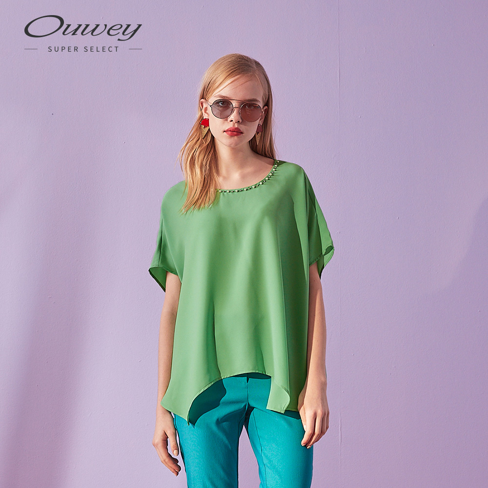 OUWEY歐薇 不對稱雪紡縫珠上衣(紫/綠)