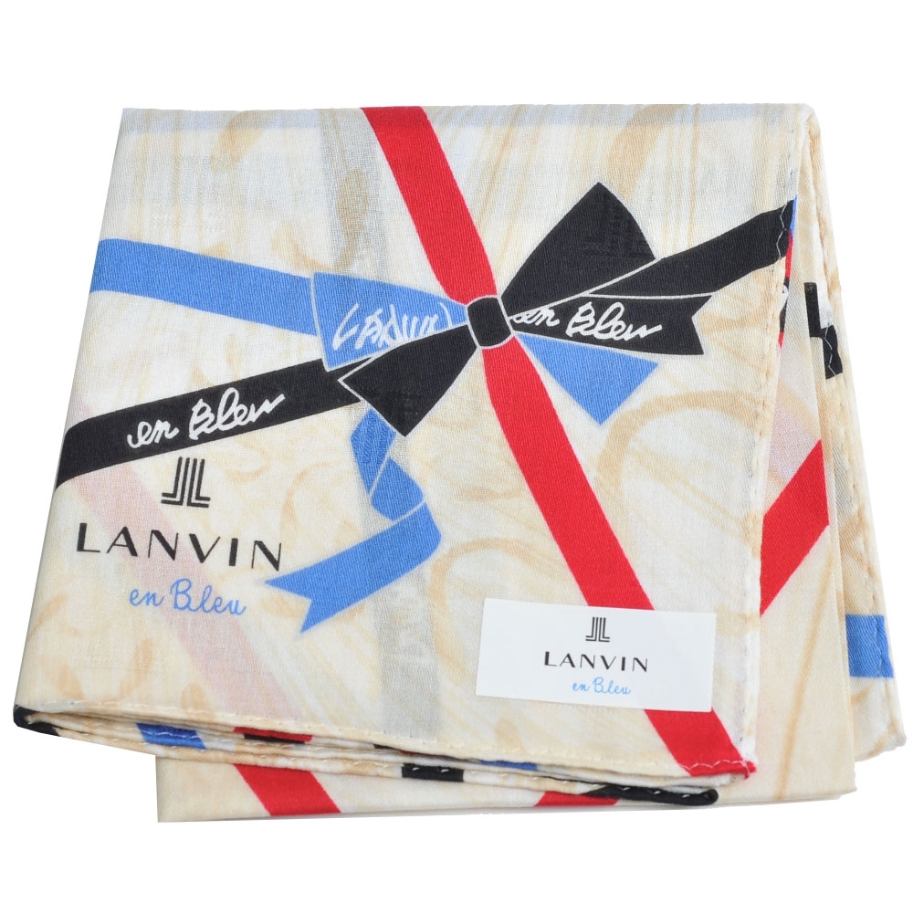 LANVIN en Bleu 優雅緞帶蝴蝶結圖騰字母LOGO帕領巾(米黃底)