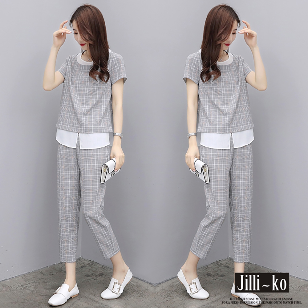JILLI-KO 兩件套寬鬆顯瘦時尚格紋套裝- 灰色
