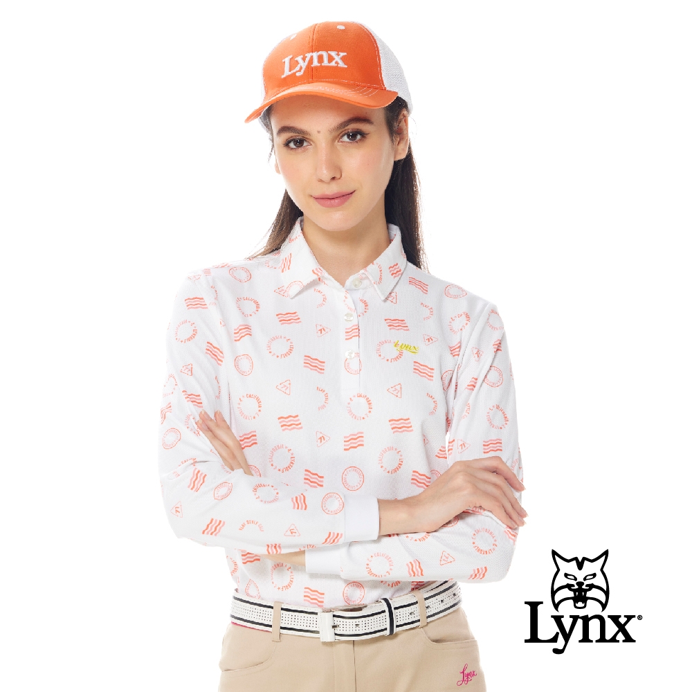 【Lynx Golf】女款吸濕排汗機能滿版波浪線圓形LOGO印花長袖POLO衫-桃粉色