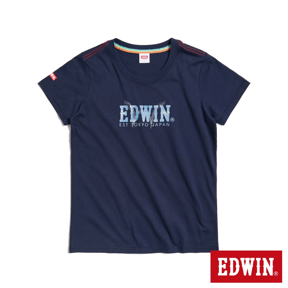 EDWIN 丹寧感印花短袖T恤-女-丈青色