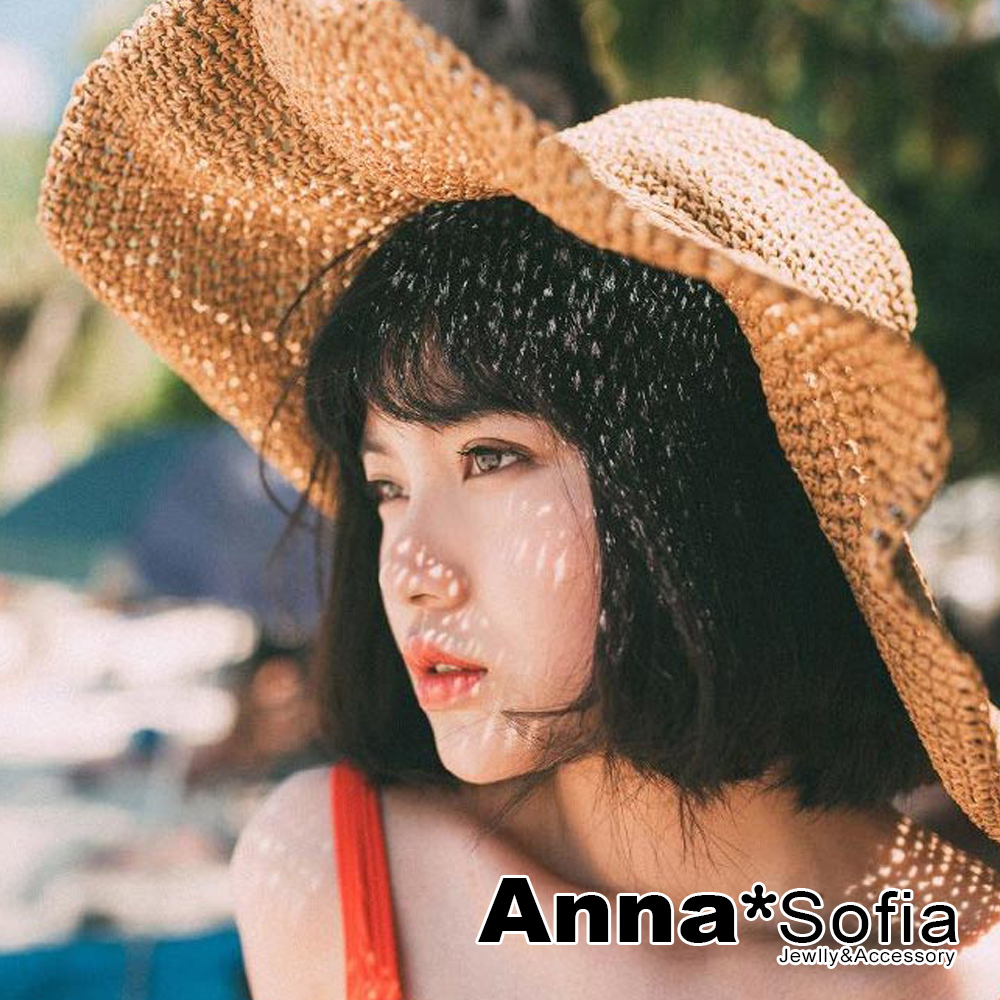 AnnaSofia 簡約綁帶超大寬簷 寬簷防曬遮陽草帽淑女帽(駝系)