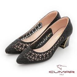 【CUMAR】水鑽鏤空金屬粗跟鞋-黑
