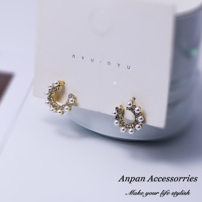 【Anpan 愛扮】韓東大門珍珠閃鑽半圓925銀針耳釘式耳環
