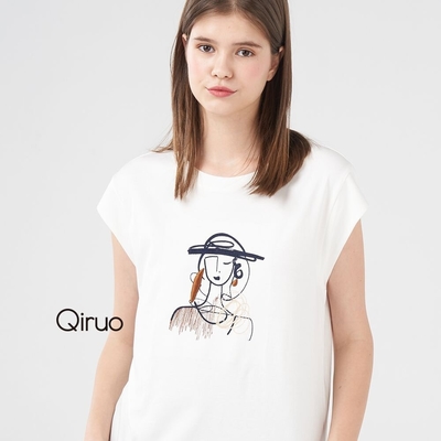 【Qiruo 奇若名品】專櫃白色上衣 女性插畫圖案小包袖造型女裝1215A