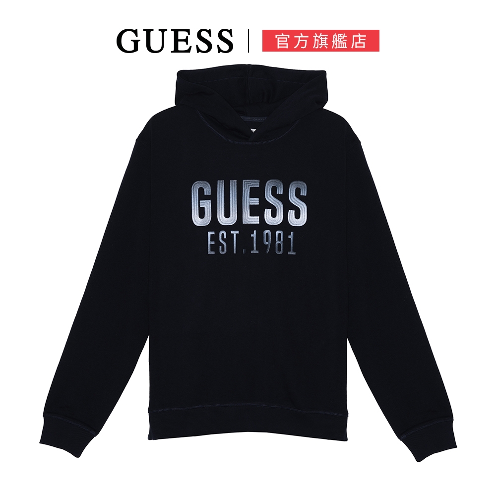 【GUESS】百搭漸層感LOGO長袖帽T-深藍