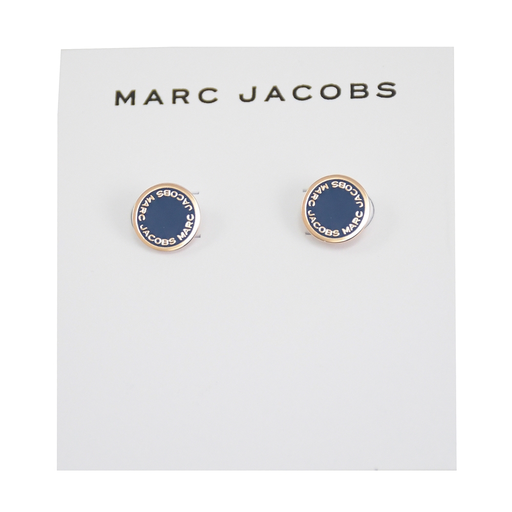 MARC JACOBS 圓牌logo玫瑰金耳針式耳環(海軍藍)