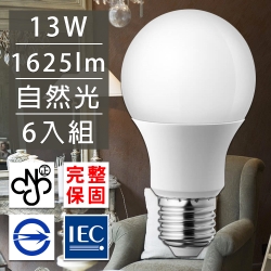 歐洲百年品牌 台灣CNS認證13W LED廣角燈泡E27/1625流明- 自然光6入