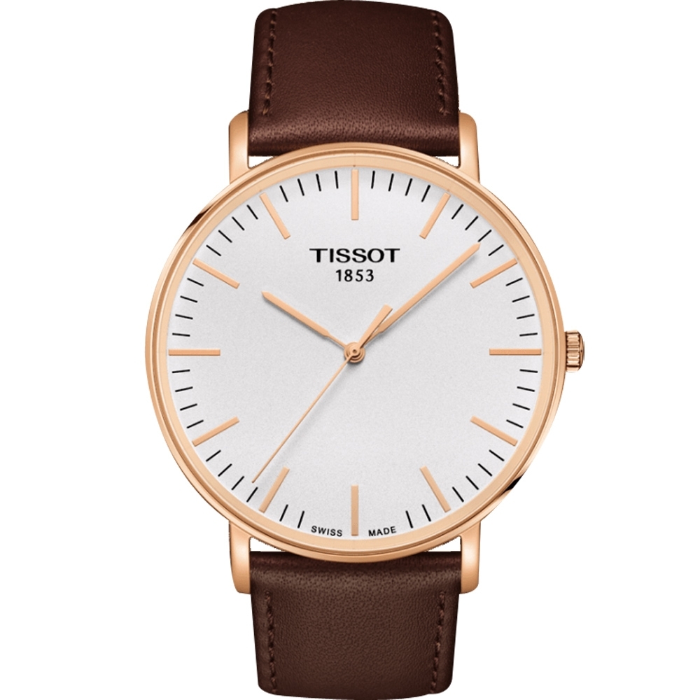 TISSOT 天梭 官方授權 Everytime 經典雋永腕錶-銀x玫塊金框/42mm T1096103603100