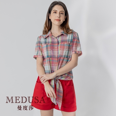 現貨【MEDUSA 曼度莎】野餐格紋下襬綁結上衣（M-2L）｜女上衣 短袖上衣 加大尺碼