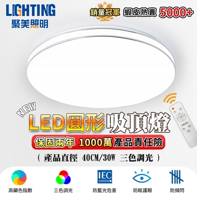 【聚美照明】LED吸頂燈 84w3-5坪 40cm雙層銀線全光譜 LED臥室燈 防藍光護眼三色調光 110v爆款客廳燈現代簡約百搭燈飾（保固兩年 售後無憂）