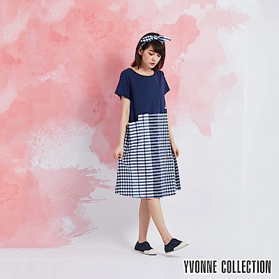 YVONNE COLLECTION 格紋拼接短袖洋裝-藍