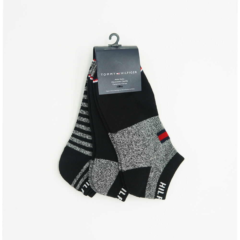 TOMMY 經典印刷文字Logo襪子三件組-黑灰併色