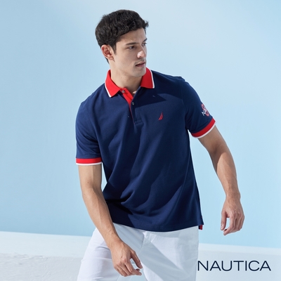 Nautica 男裝 跳色領吸濕排汗短袖POLO衫-深藍色