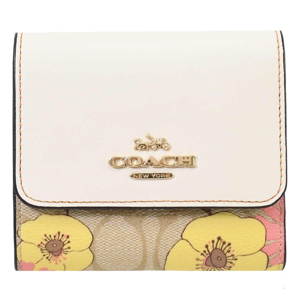 COACH 經典C LOGO花卉印花釦式三折零錢短夾(白/卡其)