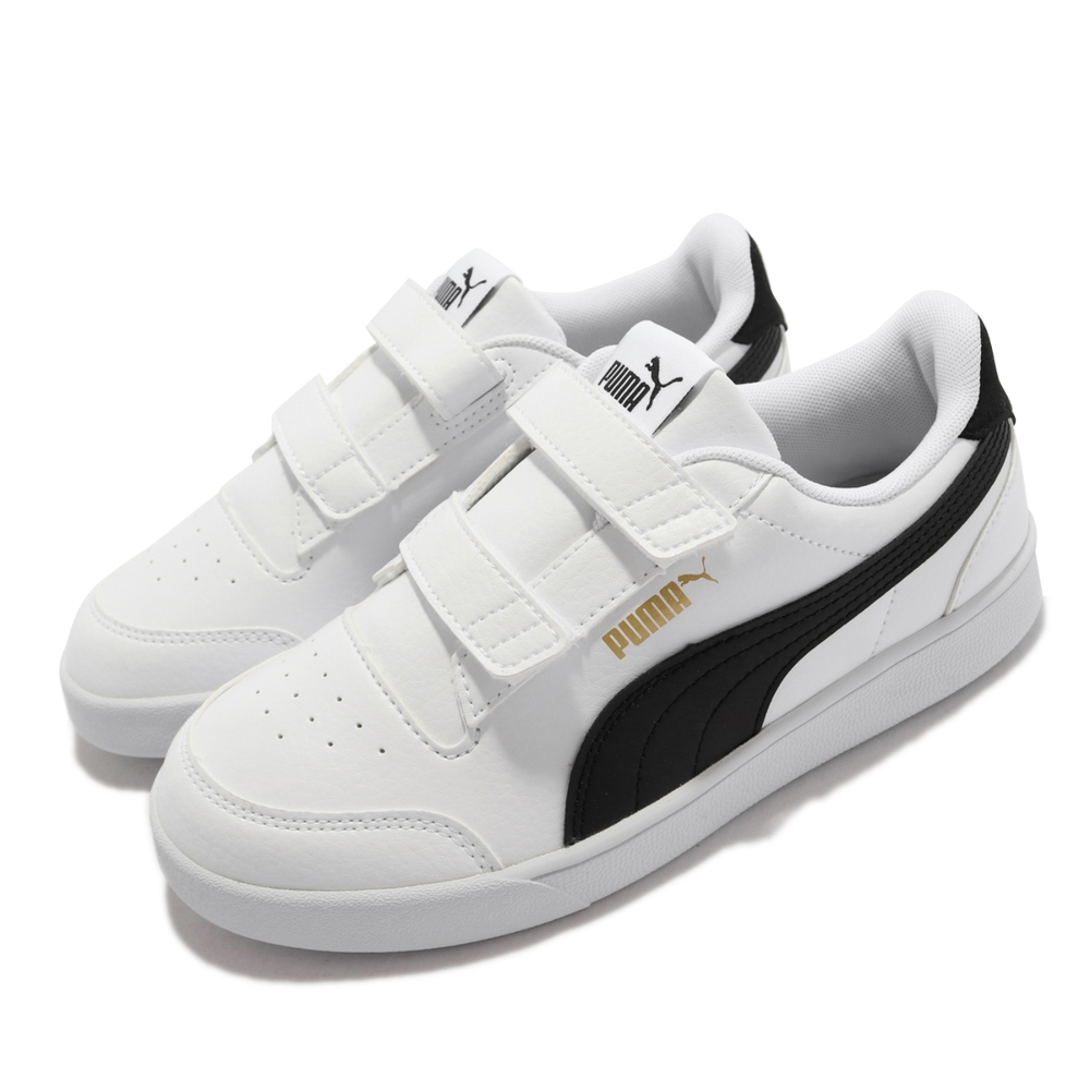 Puma 休閒鞋 Shuffle V PS 童鞋 魔鬼氈 經典復古 皮革 抓地耐磨 中童 白 黑 375689-02