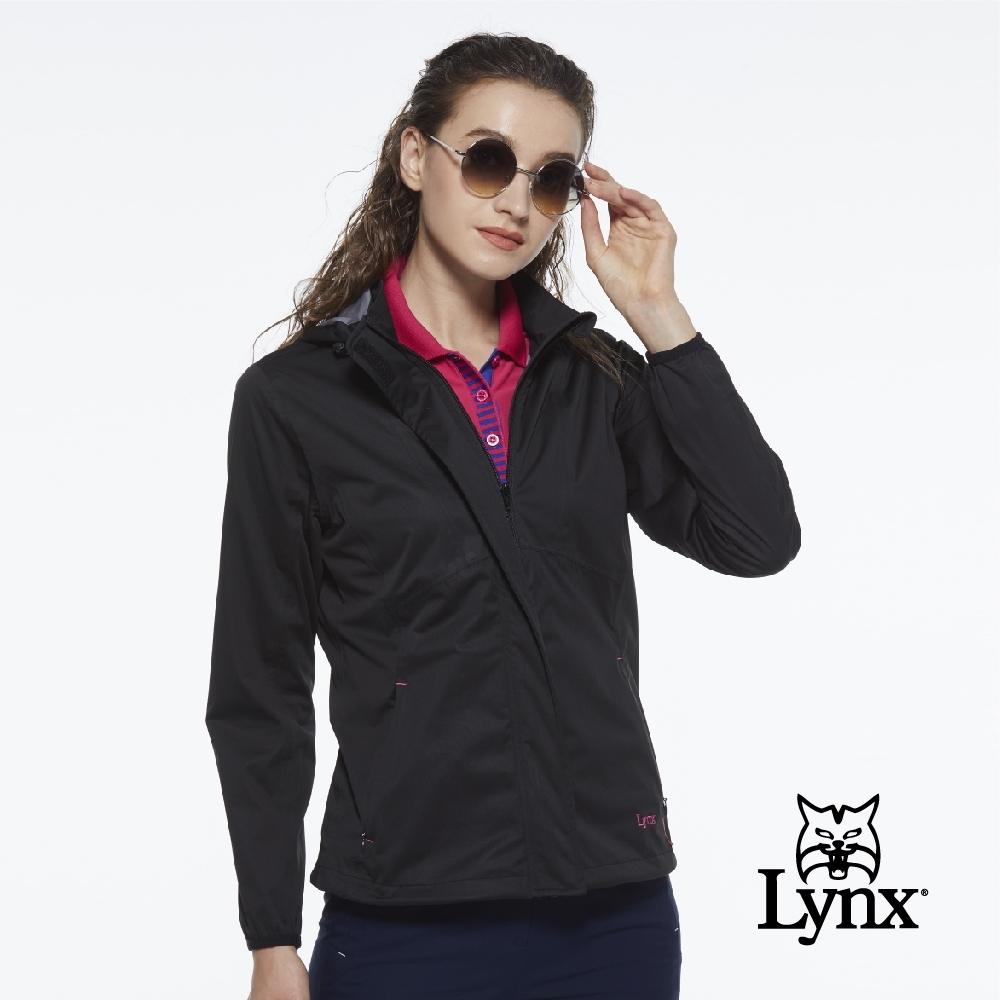 【Lynx Golf】女款防水透濕素面可拆式連帽長袖薄外套-黑色