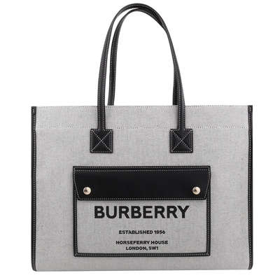 BURBERRY- 黑標字母帆布勾釦式肩背托特包(黑灰)