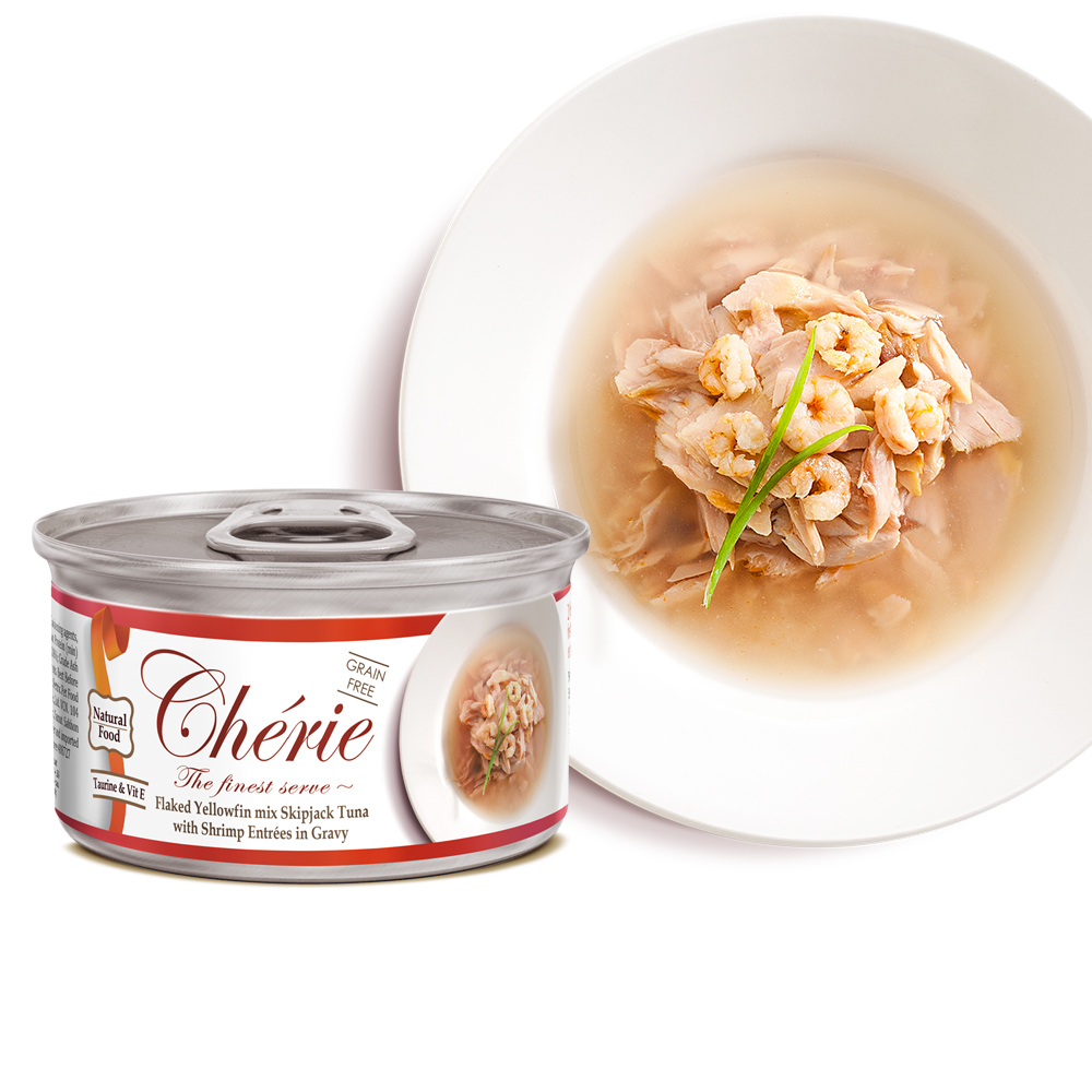 Cherie法麗 貓罐頭 微湯汁系列 天然黃鰭鮪佐正鰹、鮮蝦 80g (24罐/箱)