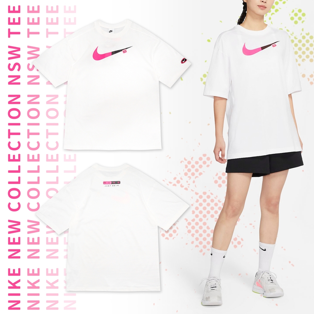 Nike 短袖 NSW Tee 白 粉紅 短T 女款 寬版 極寬鬆 oversized 休閒 上衣 大勾 DX6291-100