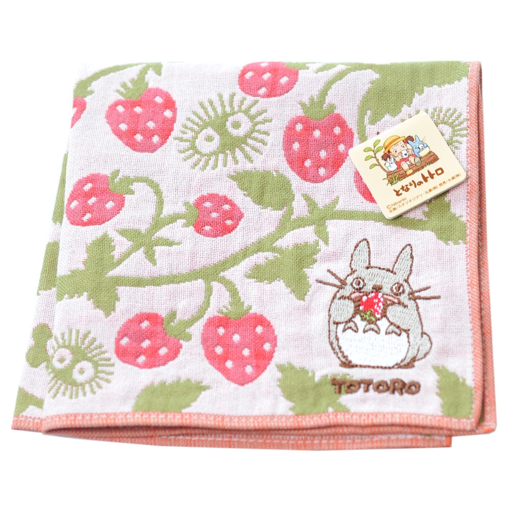 TOTORO 日本製可愛龍貓草莓蔓藤圖騰LOGO小方巾(粉紅邊)