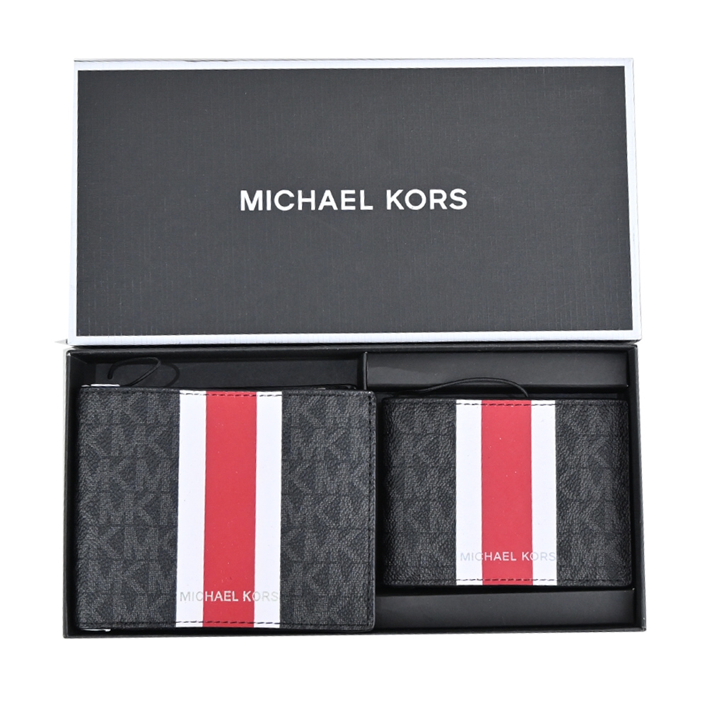 MK MICHAEL KORS GIFTING直紋滿版對開短夾(附證件夾)禮盒組-黑/紅