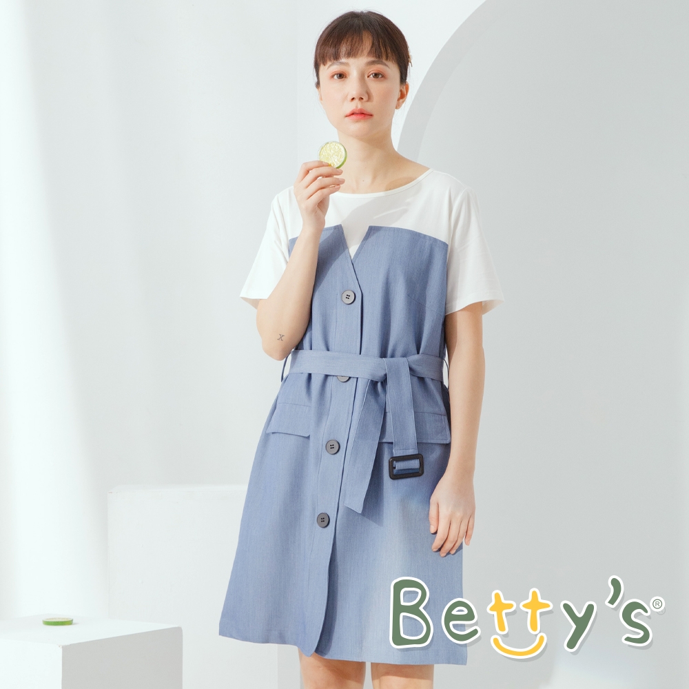 betty’s貝蒂思　圓領棉T拼接假兩件洋裝 (藍色)