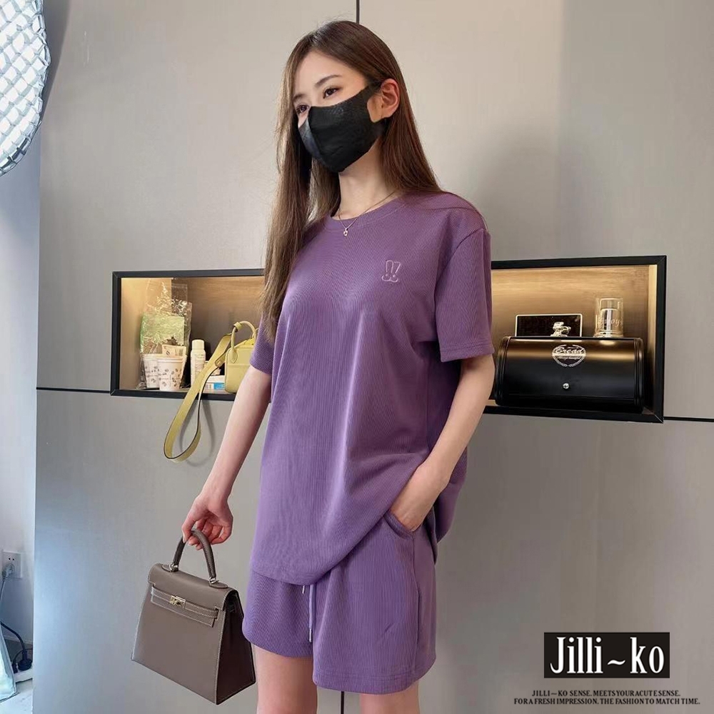 JILLI-KO 兩件套純色織紋布運動休閒套裝- 桃紅/紫