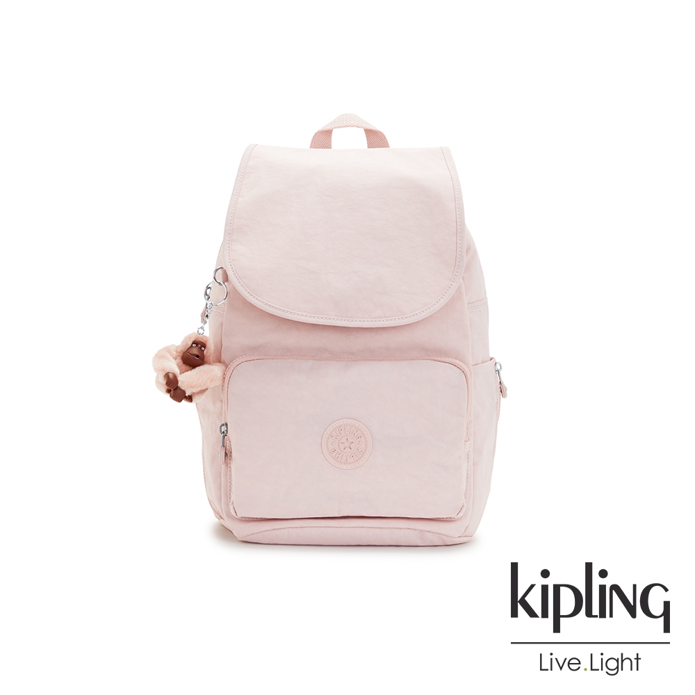 Kipling 甜美粉嫩色掀蓋式多袋旅行後背包-CAYENNE