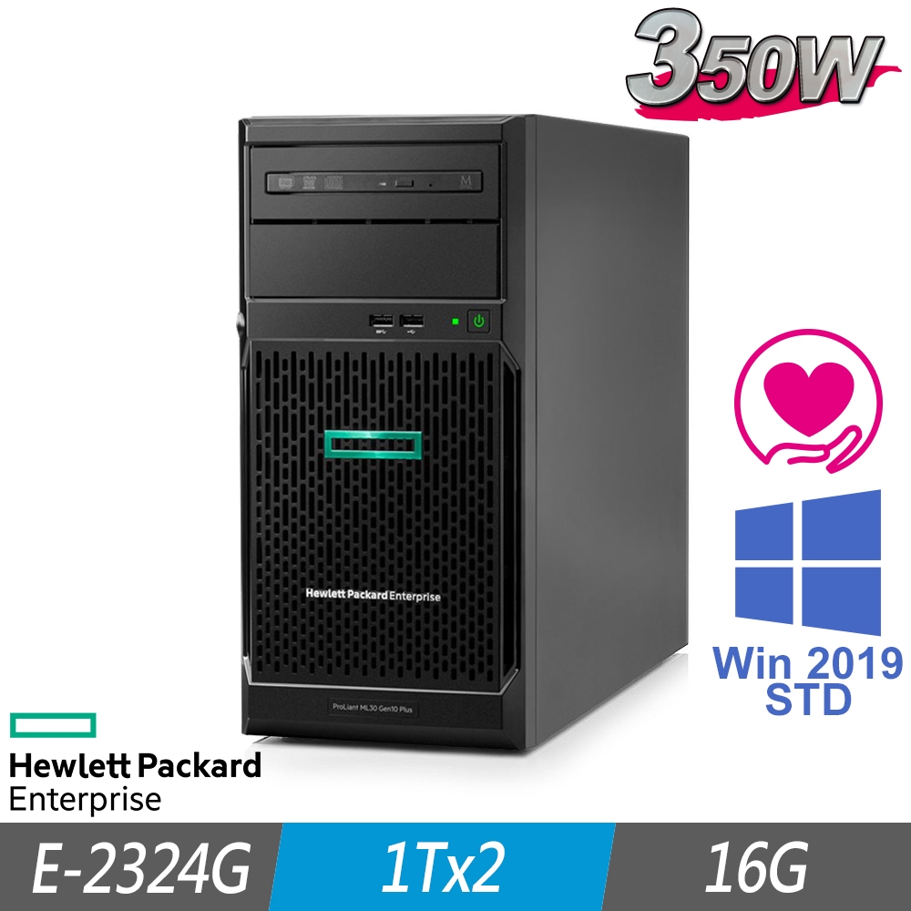 HPE ML30 Gen10 Plus 伺服器 E-2324G/16G/1TBx2/2019STD