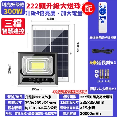 【禾統】300w增亮升級款 led智能光控太陽能感應燈 (人體感應燈 遙控定時 太陽能分體式壁燈 太陽能探照燈)